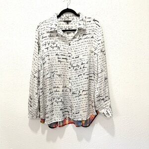 John Mark Cream and Black French Script pattern Blouse XL